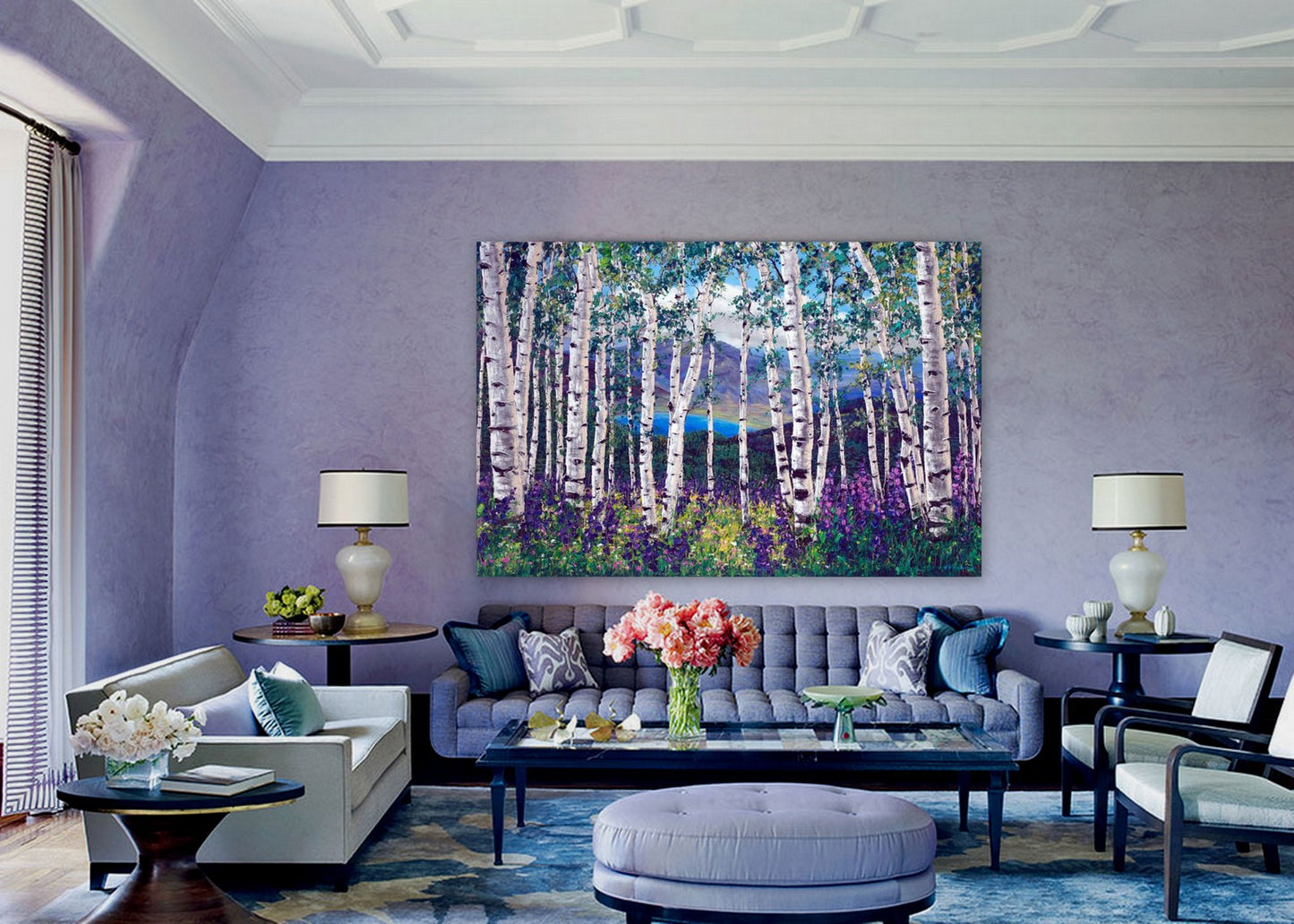Peaceful Wonder limited edition giclée on canvas by Jennifer Vranes featuring white aspens, purple and yellow wildflowers, and distant mountains.