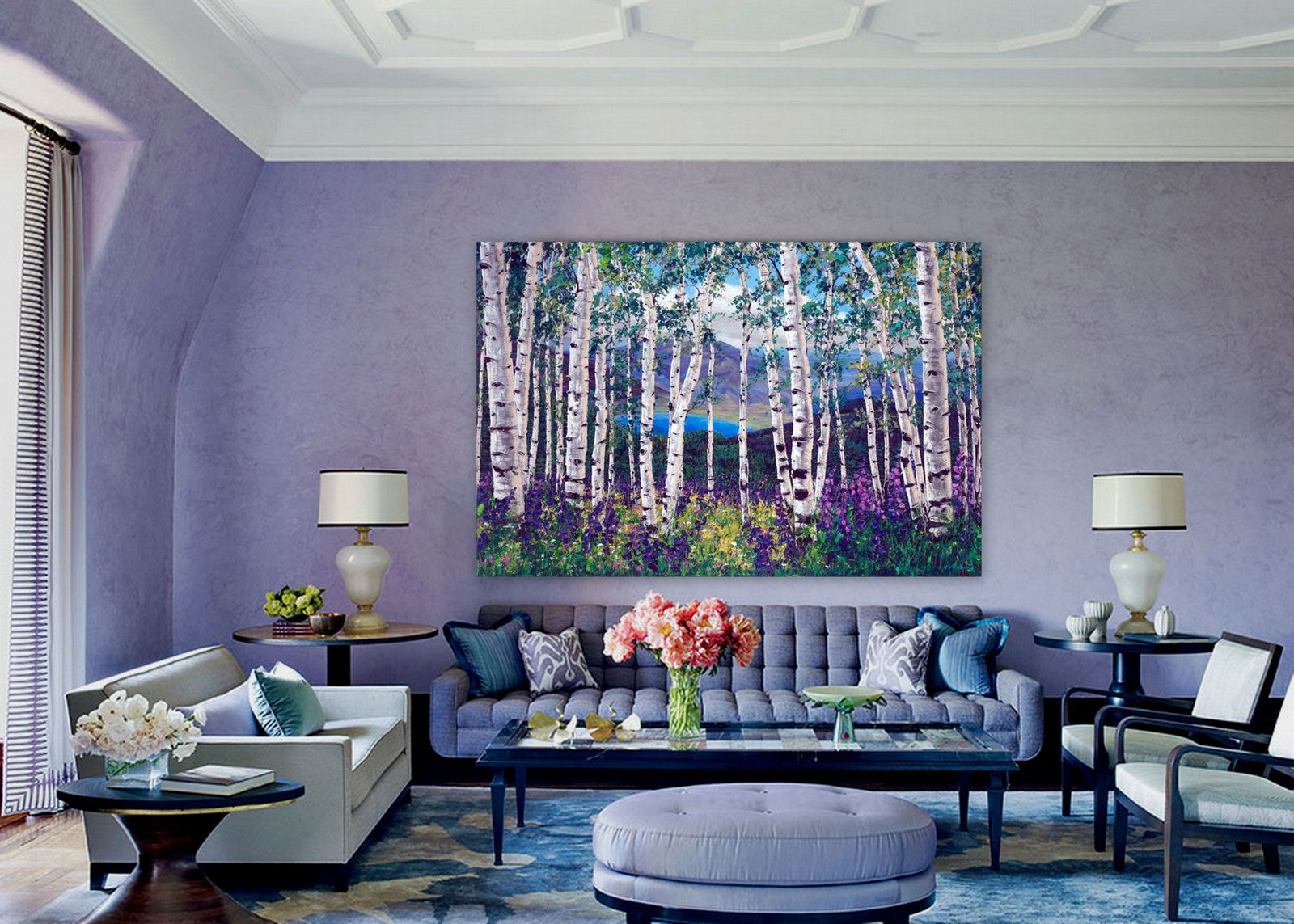 Peaceful Wonder limited edition giclée on canvas by Jennifer Vranes featuring white aspens, purple and yellow wildflowers, and distant mountains.