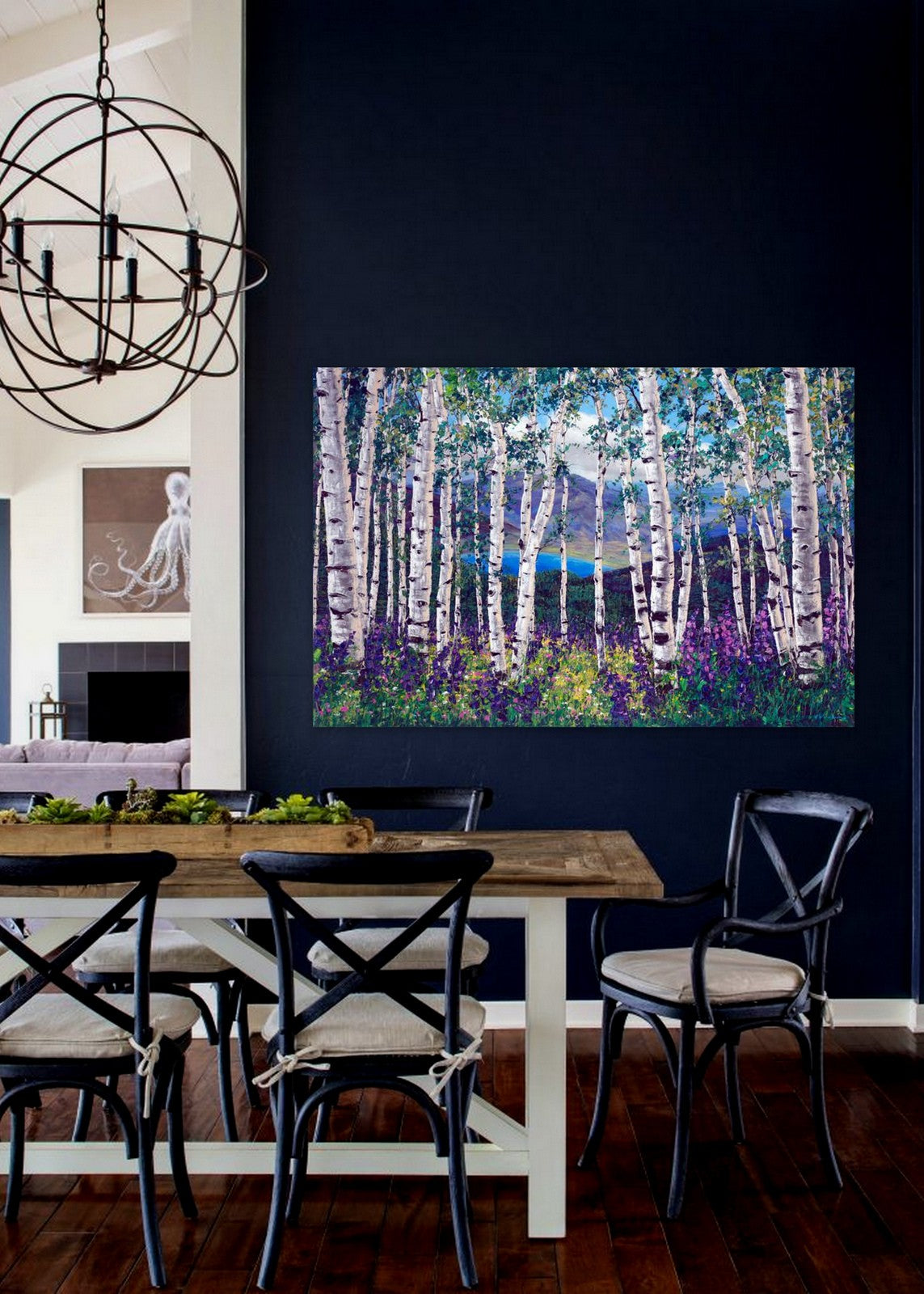 Peaceful Wonder limited edition giclée on canvas by Jennifer Vranes featuring white aspens, purple and yellow wildflowers, and distant mountains.