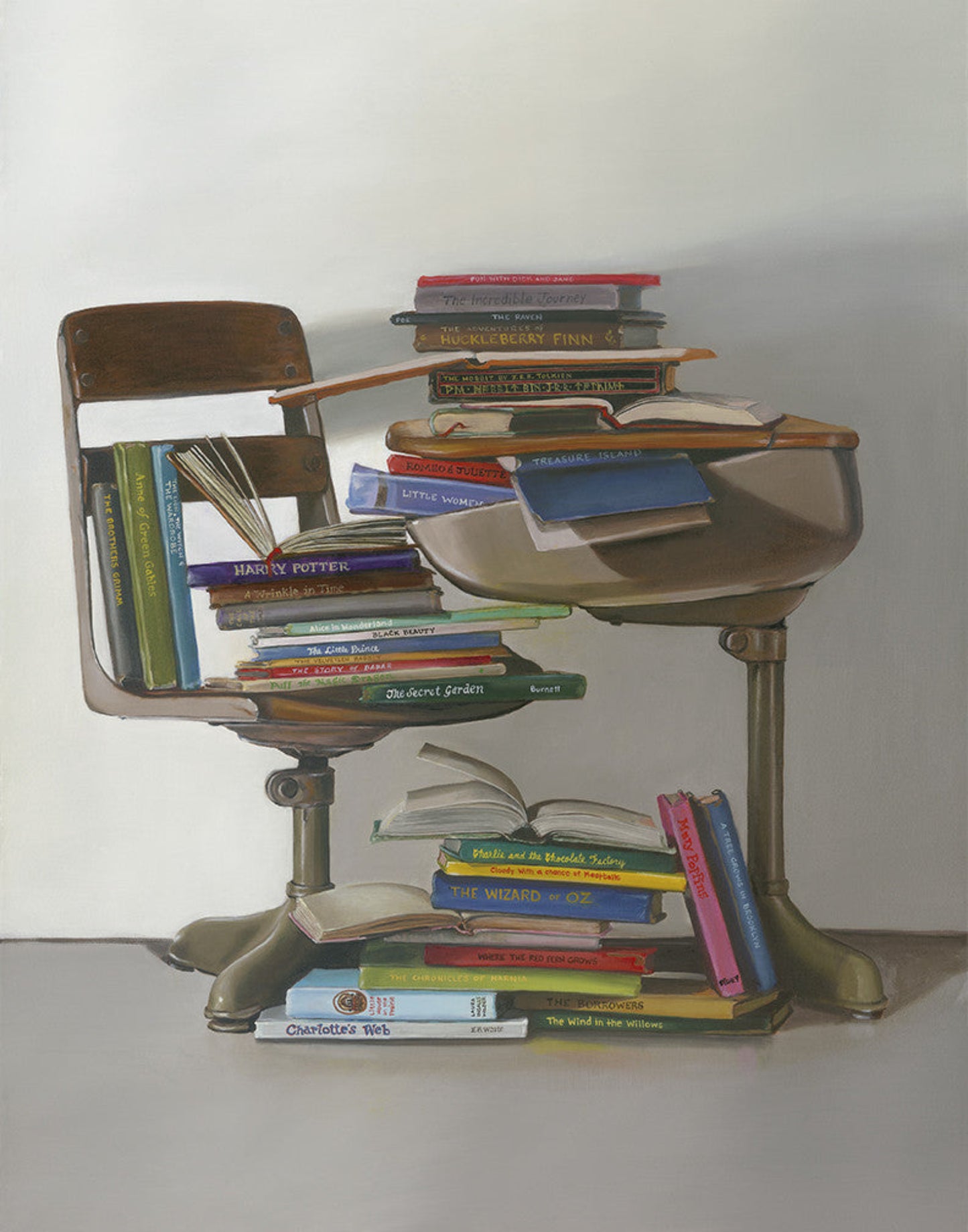 The Incredible Journey by Gail Chandler - painting of children's books to include Harry Potter, Charlottes Web, Huckleberry Finn, The Secret Garden, Mary Poppins and more spilling out of a vintage style school desk.