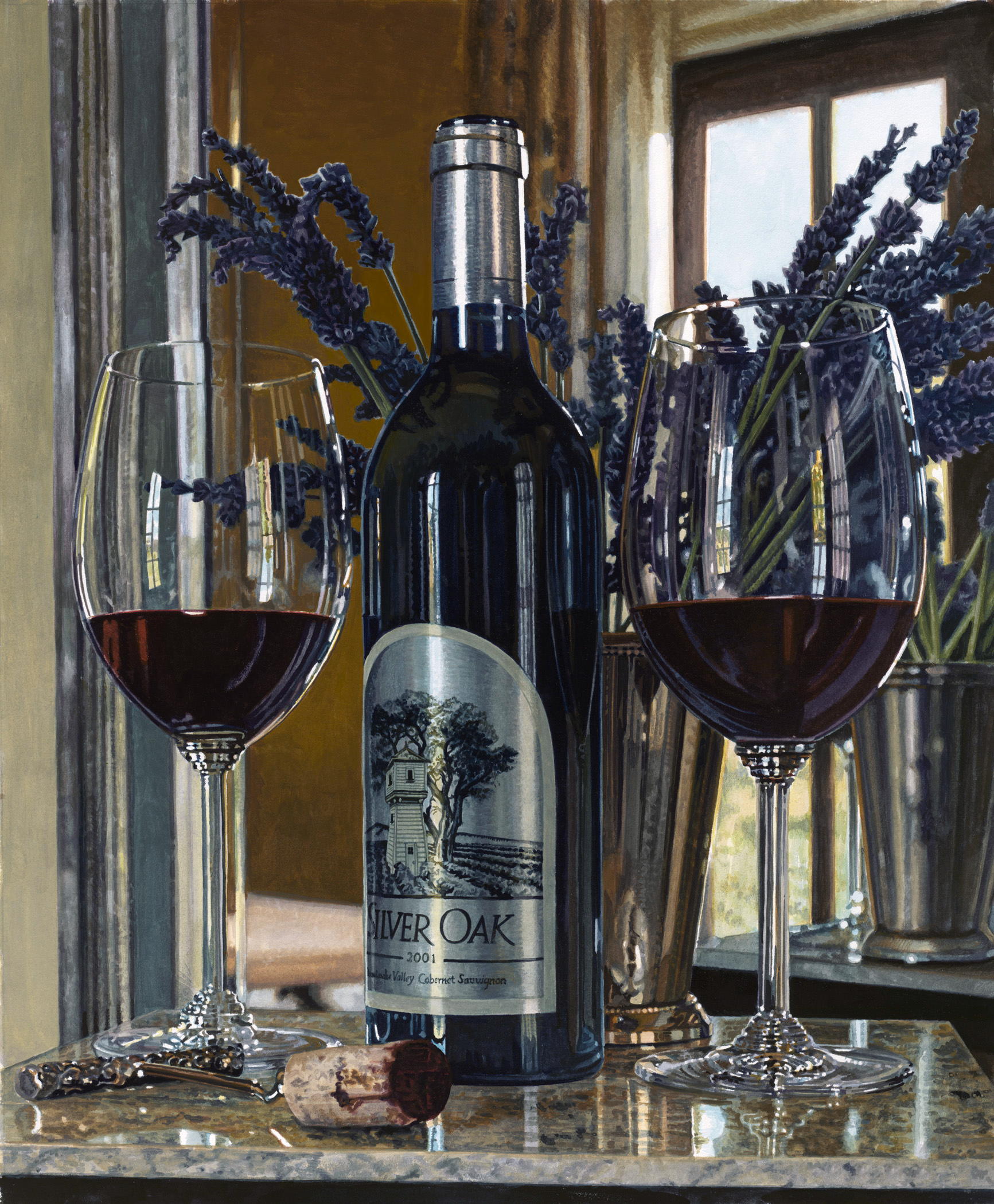 Sommelier Suite original watercolor painting by Eric Christensen featuring Silver Oak wine.