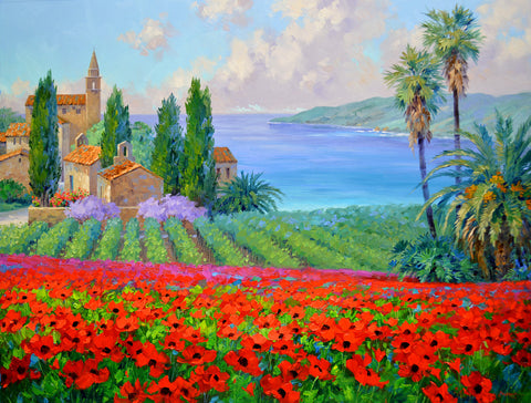 Romantic Impressionism artist Mikki Senkarik creates a "World of Happiness" with Spring's Embrace original oil on canvas.  This paintings has it all from poppy fields, a vineyard and an ocean view in the vibrant colors that Senkarik is known for. 