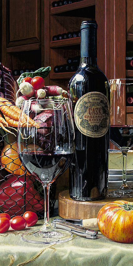 Starting Fresh limited edition giclée on canvas by Eric Christensen featuring Rubicon Cask Cabernet, colorful Napa Valley garden vegetables, and hyper-realistic wine country still life.