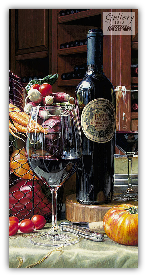 Starting Fresh limited edition giclée on canvas by Eric Christensen featuring Rubicon Cask Cabernet, colorful Napa Valley garden vegetables, and hyper-realistic wine country still life.