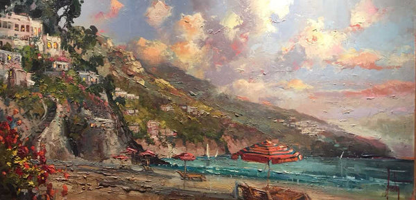 Summer Romanc 24x48" original oil on canvas by Steven Quartly depicts the Italian Riviera - Lake Como.  What better place for a Summer Romance?