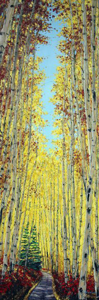 Sunday Drive limited edition giclée on canvas by Jennifer Vranes featuring a winding path through golden aspen trees beneath a clear blue sky in autumn.