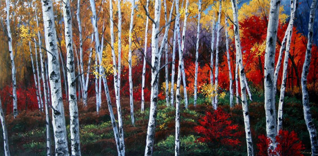Symphony of Color limited edition giclée on canvas by Jennifer Vranes featuring tall white aspens surrounded by vibrant red, gold, and purple autumn foliage.
