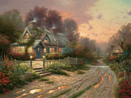 Teacup Cottage 18×24 framed limited edition canvas by Thomas Kinkade – sold-out SN edition
