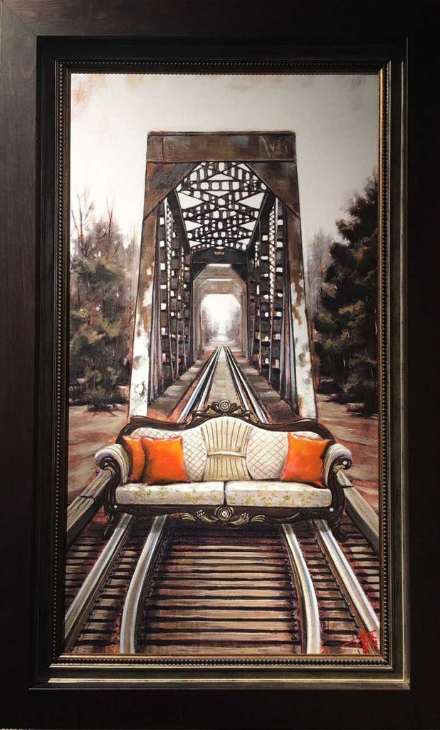 The Journey by Pete Tillack - limited edition canvas print of sofa on the railroad tracks framed