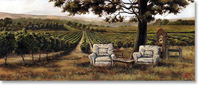 The Good Life painting by Pete Tillack featuring easy chairs overlooking a vineyard