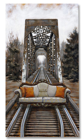 The Journey by Pete Tillack - limited edition canvas print of sofa on the railroad tracks