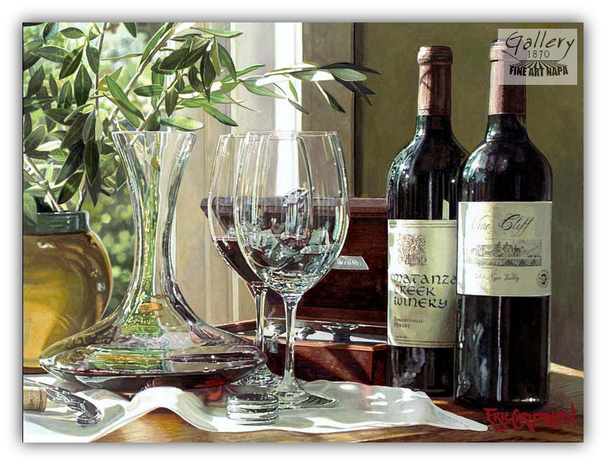 Time to Breathe Eric Christensen limited edition canvas wine artwork featuring Mantanzas Creek and Vine Cliff bottles