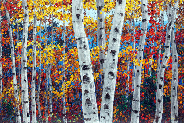 Aspen Confetti limited edition giclée on canvas by Jennifer Vranes featuring white aspen trunks and vibrant fall leaves in yellow, orange, and red.