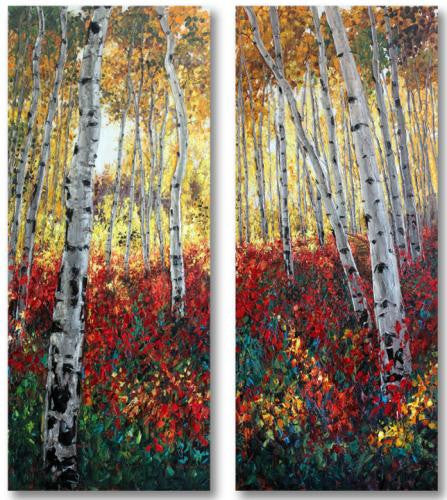 Autumn’s Promise limited edition diptych giclée on canvas by Jennifer Vranes featuring tall white aspens with vibrant red and gold autumn foliage.