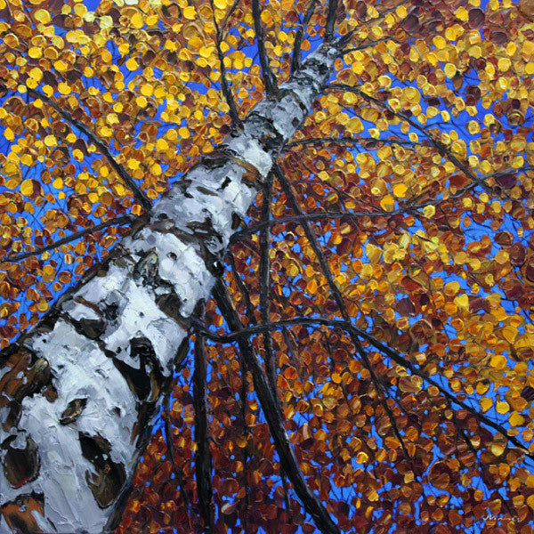 Day Dreaming limited edition giclée on canvas by Jennifer Vranes showing the upward view of a tall white aspen with golden autumn leaves against a blue sky.