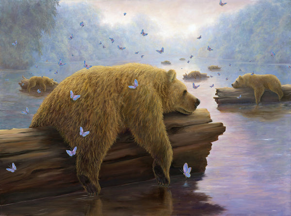 Drifters by Robert Bissell - Bears drifting on logs down the river