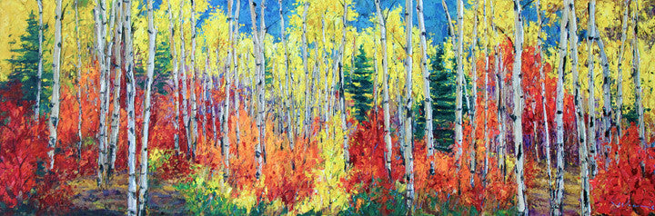 Fall Sensation limited edition giclée on canvas by Jennifer Vranes featuring a panoramic forest of golden aspens and fiery red foliage under a clear blue sky.