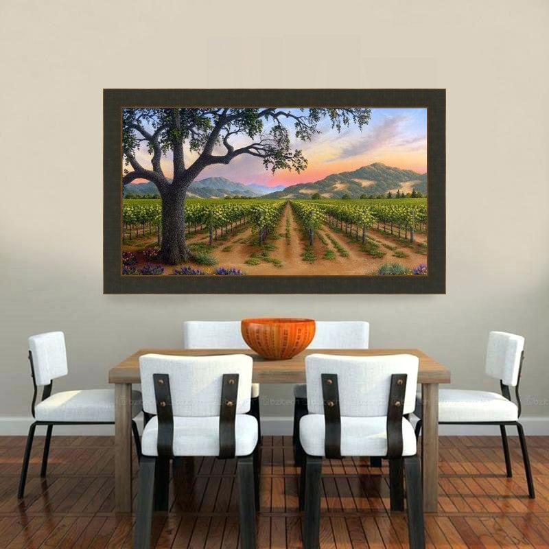 Framed Napa Valley vineyard artwork in dining room Spring Bouquet by Patrick O’Rourke