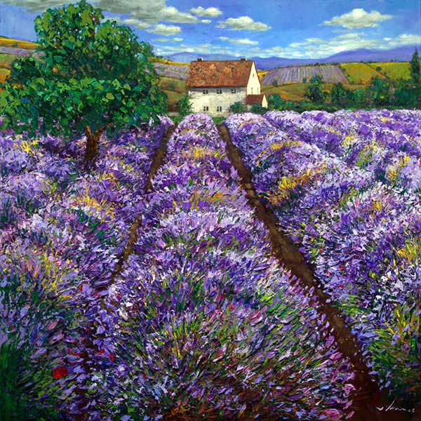 Lavender Haze limited edition giclée on canvas by Jennifer Vranes featuring rows of lavender fields leading to a country home under a bright blue sky.