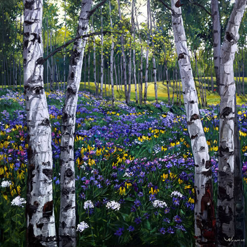 Out of Bounds limited edition giclée on canvas by Jennifer Vranes featuring tall white aspens framing a meadow filled with purple, yellow, and white wildflowers.