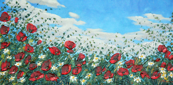 Poppies & Daisies limited edition giclée on canvas by Jennifer Vranes featuring bright red poppies and white daisies swaying beneath a vivid blue sky.
