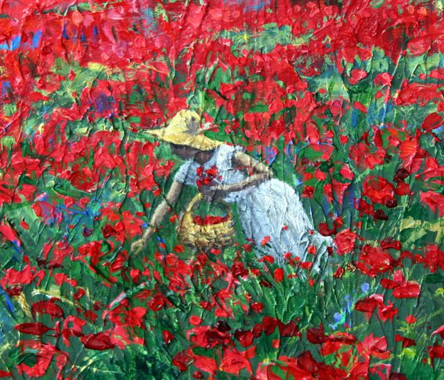 Poppy Paradise limited edition giclée on canvas by Jennifer Vranes featuring a vivid red poppy field, wildflowers, rolling hills, and a Tuscan villa in the distance.