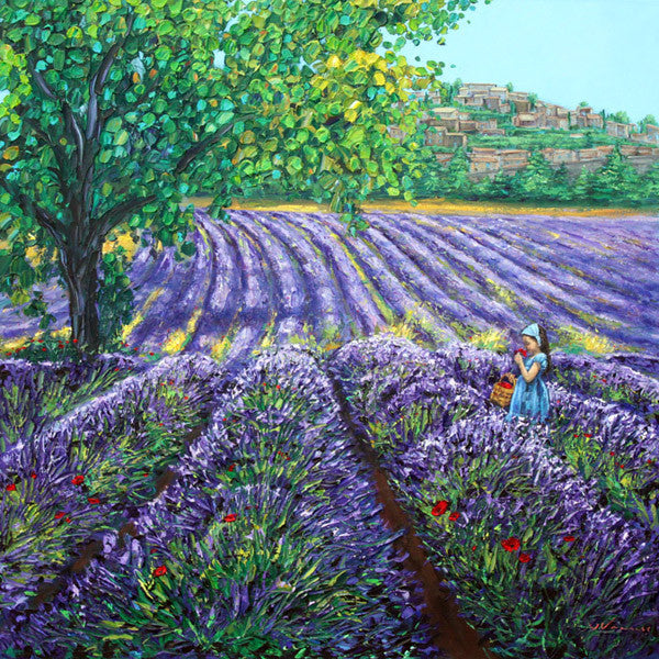 Scent of Provence limited edition giclée on canvas by Jennifer Vranes featuring lavender fields, a hillside village, and a figure in a blue dress under a bright sky.