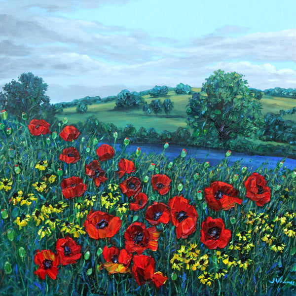 Springtime Poppies limited edition giclée on canvas by Jennifer Vranes featuring bright red poppies, yellow wildflowers, rolling green hills, and a river under spring skies.