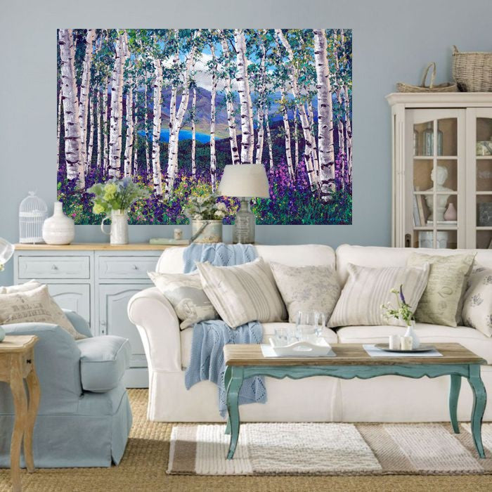 Peaceful Wonder limited edition giclée on canvas by Jennifer Vranes featuring white aspens, purple and yellow wildflowers, and distant mountains.