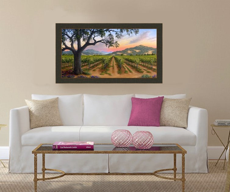 Napa Valley vineyard wall art above sofa Spring Bouquet by Patrick O’Rourke